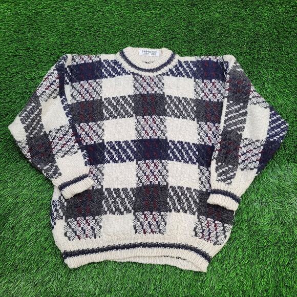 Vintage 80s Otavalo Check Sweater Large 22x27 Beige Gray - Picture 1 of 11